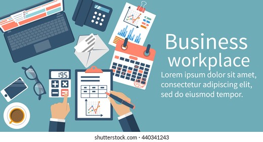 Business desktop with documents, laptop and office equipment. Documents for the analysis and strategy with charts and diagrams. Workplace concept. Vector illustration flat design.