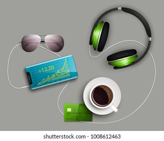 Business desktop with documents, phone, cup of coffee, headphone, sunglasses, credit card. Office equipment. Documents for analysis strategy charts diagrams. Workplace concept. Illustration 3d design