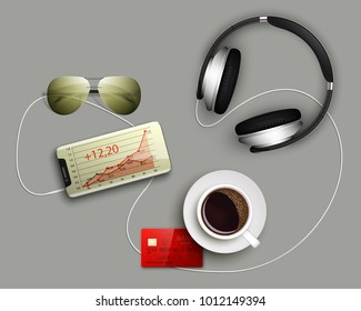 Business desktop with documents, phone, cup of coffee, headphone, sunglasses, credit card. Office equipment. Documents for analysis strategy charts diagrams. Workplace concept. Illustration 3d design