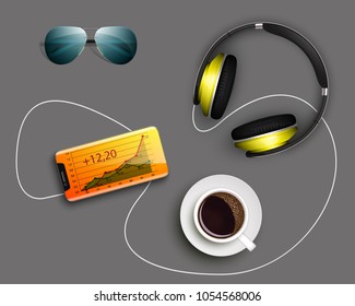 Business desktop with documents, phone, cup of coffee, headphone, sunglasses, credit card. Office equipment. Documents for analysis strategy charts diagrams. Workplace concept. Illustration 3d design