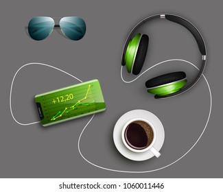 Business desktop with documents, phone, cup of coffee, headphone, sunglasses, credit card. Office equipment. Documents for analysis strategy charts diagrams. Workplace concept. Illustration 3d design