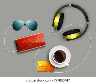 Business desktop with documents, phone, cup of coffee, headphone, sunglasses, credit card. Office equipment. Documents for analysis strategy charts diagrams. Workplace concept. Illustration 3d design