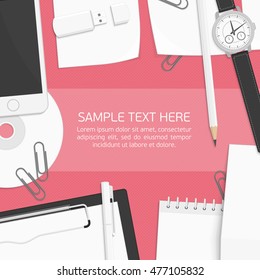 Business desktop with documents, smartphone office equipment and place for text. Infographic template. Workplace concept. Vector illustration flat design.