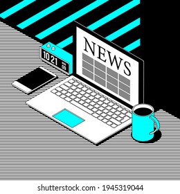 Business desktop with laptop and financial news website on the screen, isometric 3D illustration