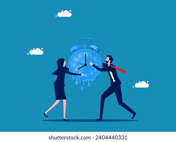 Business deteriorates over time. Two businessmen holding a melting watch together. vector 