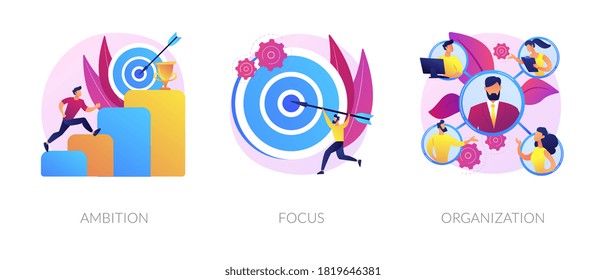 Business determination and development. Self improvement, marketing target, corporate management. Ambition, focus, organization metaphors. Vector isolated concept metaphor illustrations.