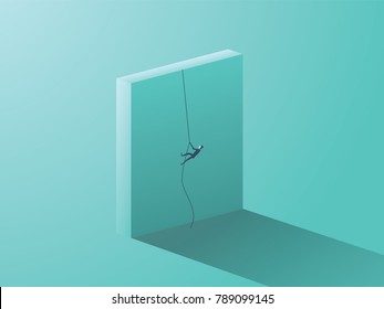 Business determination vector concept with businessman climbing over wall with rope. Symbol of ambition, motivation, career growth, success, strength. Eps10 vector illustration.