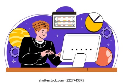 Konzept der Unternehmensentwicklung. Mädchen sitzt am Computer. Mitarbeiter im Büro, fleißig und verantwortungsbewusst. Kreative Persönlichkeit, Idee und Einsicht, Brainstorming. Cartoon-Flavektor-Vektorgrafik