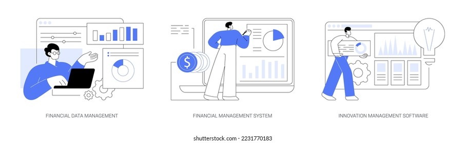 Business development abstract concept vector illustration set. Financial data management, innovation collaboration software, corporate budget planning, data report, risk management abstract metaphor.