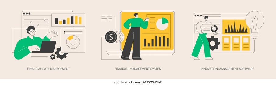 Business development abstract concept vector illustration set. Financial data management, innovation collaboration software, corporate budget planning, data report, risk management abstract metaphor.