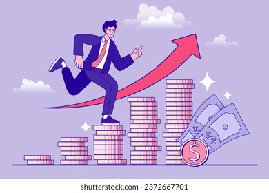 Business development. Arrow that shows statistic. Analytical service and business promotion concept. Positive trading results and achieving success. Businessman walking success ladder or steps. Vector