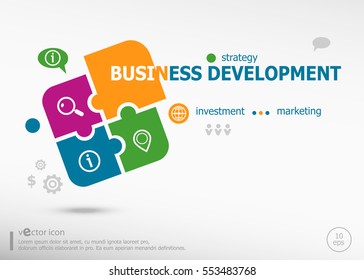 Business development aword cloud on colorful jigsaw puzzle. Infographic business for graphic or web design layout 