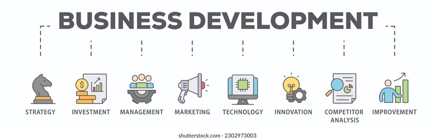 Business development banner web icon vector illustration concept with icon of strategy, investment, management, marketing, technology, innovation, competitor analysis, improvement
