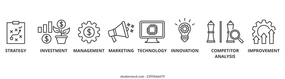 Business Development Banner Web-Ikone Vektorgrafik-Konzept mit Symbol der Strategie, Investitionen, Management, Marketing, Technologie, Innovation, Konkurrenz-Analyse, Verbesserung