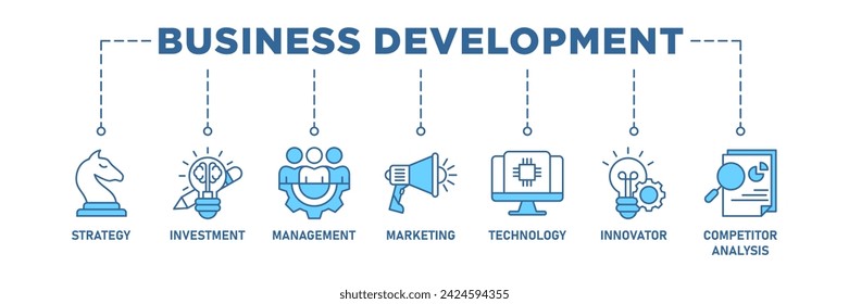 Concepto de ilustración vectorial de conjunto de iconos web de banner de desarrollo de negocios con icono de estrategia, inversión, gestión, marketing, tecnología, innovación, análisis de competidores, mejora