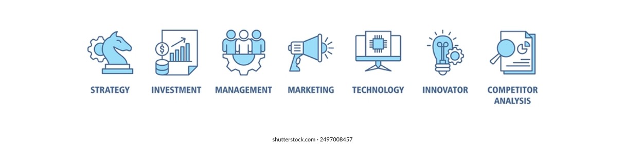 Business development banner web icon set vector illustration concept with icon of strategy, investment, management, marketing, technology, innovation, competitor analysis, improvement icons symbol