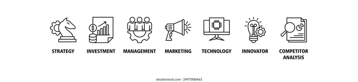 Concepto de Ilustración vectorial del conjunto del icono del Web del desarrollo del negocio con el icono de la estrategia, inversión, gestión, comercialización, tecnología, innovación, análisis del competidor, Anuncio de los iconos de la mejora