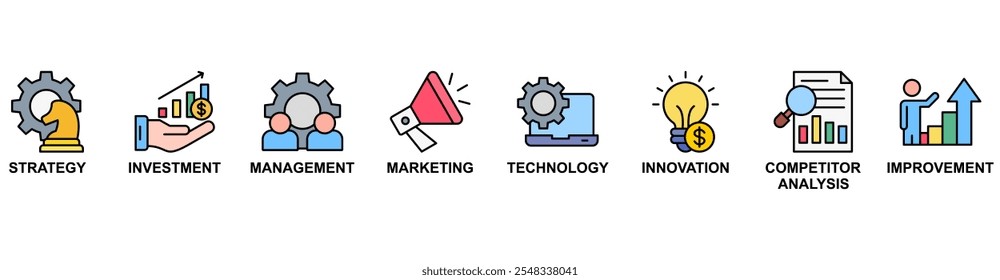 Business Development banner web icon vector illustration concept with icon of strategy, investment, management, marketing, technology, innovation, competitor analysis, improvement