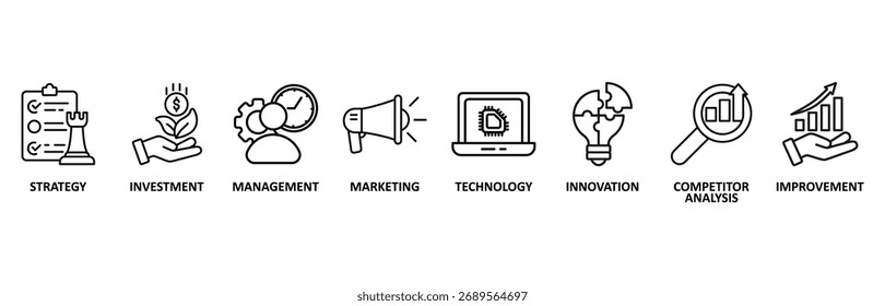 Anuncio de desarrollo de negocios Web icono Ilustración vectorial foricon de estrategia, inversión, gestión, marketing, tecnología, innovación, análisis de la competencia, mejora
