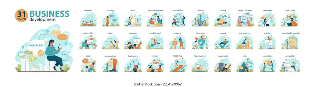 Business development big set. Business success and growth strategy. Management, planning and competitor analysis. Company innovations for career progress. Flat vector illustration