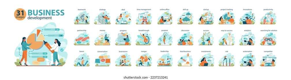 Business development big set. Business success and growth strategy. Management, planning and competitor analysis. Company innovations for career progress. Flat vector illustration