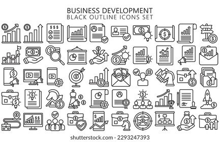 business development black outline icons set. contain analytic, report, chart, management, finance and more. use for modern concept, UI or UX kit, web and app. vector EPS 10 ready convert to SVG. svg