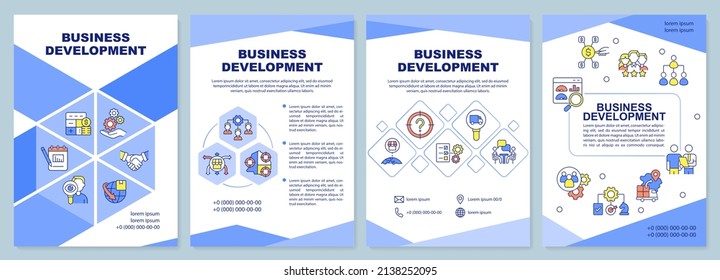 Plantilla de folleto azul de desarrollo empresarial. Tendencias corporativas. Diseño del prospecto con iconos lineales. 4 diseños vectoriales para presentación, informes anuales. Arial-Black, Myriad Pro-Regular fuentes utilizadas