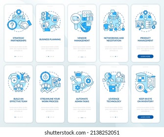 Business development blue onboarding mobile app screen set. Corporation walkthrough 5 steps graphic instructions pages with linear concepts. UI, UX, GUI template. Myriad Pro-Bold, Regular fonts used