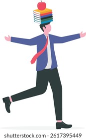 Business development books, learning or studying new skill for self improvement and success in work, education or knowledge concept, smart businessman balance books stack on his head with apple on top