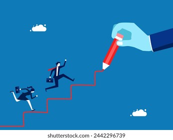 Business development Businessman climbing stairs on human hand drawing 