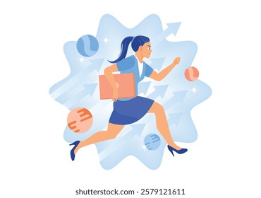 Business development and career success. Businesswomen running through obstacles to success. Business Development concept. Flat vector illustration.