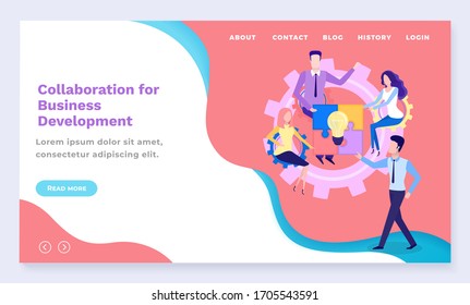 Business development collaboration or co-working web landing page vector. Startup planning, success and teamwork internet page template. Business project or startup issue to get progress illustration