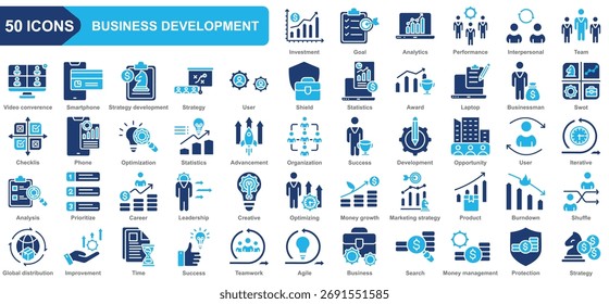 Conjunto de iconos de colección de desarrollo empresarial. Inversión, Objetivo, Análisis, Rendimiento, Interpersonal, Equipo, Desarrollo de estrategias. Vector plano simple.