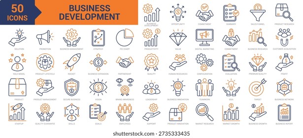 Business Development colored line icon collection set. Containing promotion, business management, strategy, efficiency, productivity, value, online marketing, commitment, partnership icons