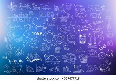 Fondo del concepto de desarrollo empresarial con estilo de diseño Doodle: búsqueda de solución, lluvia de ideas, pensamiento creativo, infografía. Ilustración de estilo moderno para banners web, folletos y volantes.