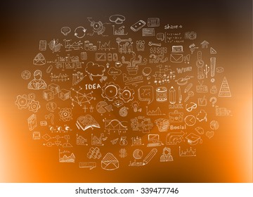 Fondo del concepto de desarrollo empresarial con estilo de diseño Doodle: búsqueda de solución, lluvia de ideas, pensamiento creativo, infografía. Ilustración de estilo moderno para banners web, folletos y volantes.