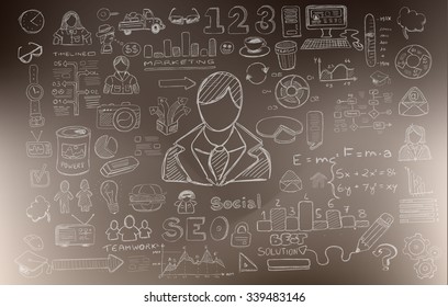 Fondo del concepto de desarrollo empresarial con estilo de diseño Doodle: búsqueda de solución, lluvia de ideas, pensamiento creativo, infografía. Ilustración de estilo moderno para banners web, folletos y volantes.