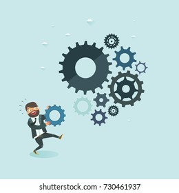 Business development concept. Businessman putting missing gear to cogwheel mechanism. Cogwheels as symbol of successful business. Vector illustration.