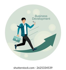 Business development concept. Businessman walking on the growth arrow with bag and smart phone, symbolizing career advancement, determination and commitment to success.