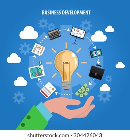 Business development concept with human hand and idea symbols flat vector illustration