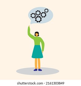 Business development concept illustration, suitable for web design, banner, mobile application, flat design style, idea, girl with liquid bubble and gears