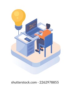 Concepto de desarrollo empresarial. El hombre con bombilla se sienta en el portátil y escribe código, desarrolla programa, aplicación y sitio web. Especialista en informática o programador en el lugar de trabajo. Ilustración vectorial isométrica de dibujos animados