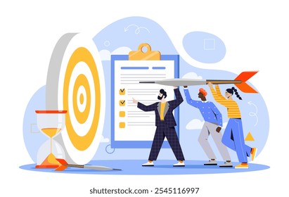 Business development concept. Men and women with dart near bullseye. Partners and colleagues working on common project. Motivation and success. Flat vector illustration isolated on white background
