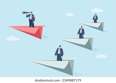 Business development concept, new ideas, Business opportunities open up world view, Businessman using binoculars on paper plane. Research and forecast concept.
Vector design illustration.