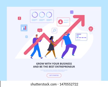 Business development courses landing page template. Entrepreneurship school website homepage interface idea with flat illustrations. Startup assistance, profit growth web banner cartoon concept