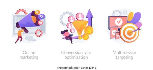 Business Development, Digital Advertisement, Internet Communication. Online Marketing, Conversion Rate Optimization, Multi-device Targeting Metaphors. Vector Isolated Concept Metaphor Illustrations.