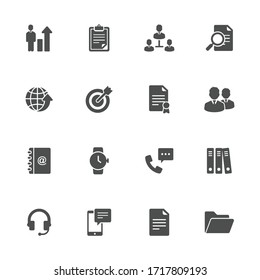 Business development flat icons in gray. Set of 16 pieces.