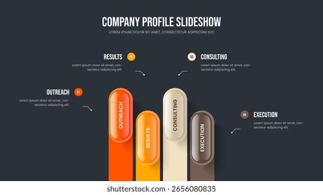 Business Development Four Step Infographic Slideshow Layout. Modern Portfolio Frame Template Vector Illustration. Visual Solution 4 Option Diagram Presentation Design.