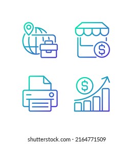Business development gradient linear vector icons set. Traveling for company purposes. E commerce. Office printer. Thin line contour symbol designs bundle. Isolated outline illustrations collection