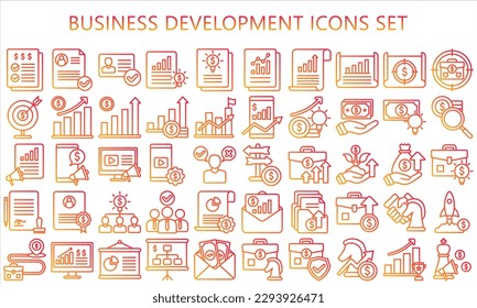 conjunto de iconos de esquema de degradado de desarrollo de negocio. contener análisis, informes, gráficos, gestión, finanzas y más. uso para concepto moderno, kit de interfaz de usuario o UX, web y aplicación. vector EPS 10 listo para convertir a SVG.